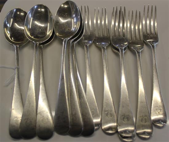 Six pairs of silver dessert spoons & forks, initialled, Brewis & Co, London 1914